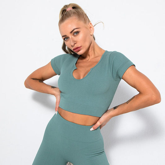 Seamless Yoga Shirt Deep V-Neck Women Fitness Short Sleeve Crop Top Workout Tops Gym Clothes Running Sports T-shirts Sportswear-0