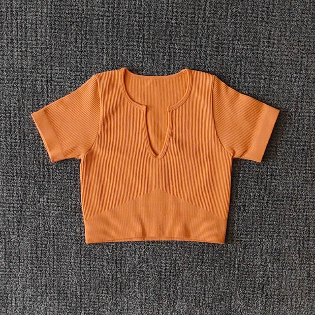 Seamless Yoga Shirt Deep V-Neck Women Fitness Short Sleeve Crop Top Workout Tops Gym Clothes Running Sports T-shirts Sportswear-7