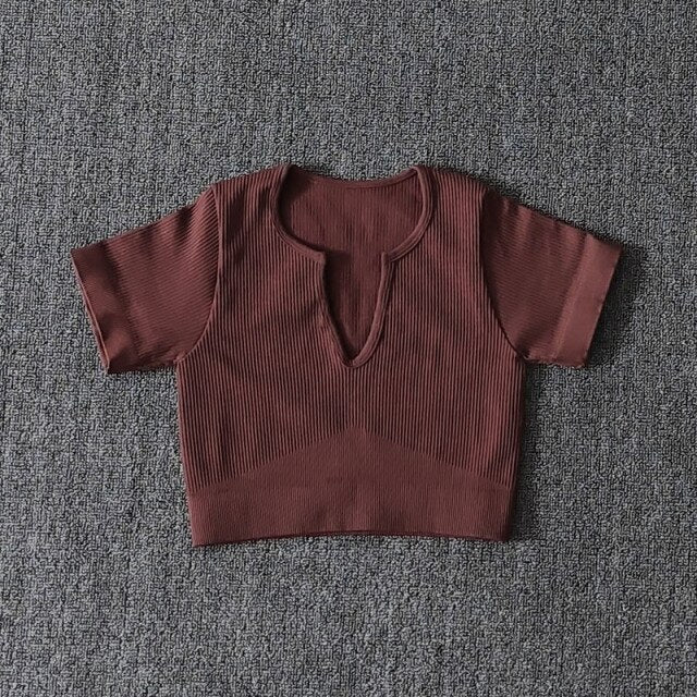 Seamless Yoga Shirt Deep V-Neck Women Fitness Short Sleeve Crop Top Workout Tops Gym Clothes Running Sports T-shirts Sportswear-5