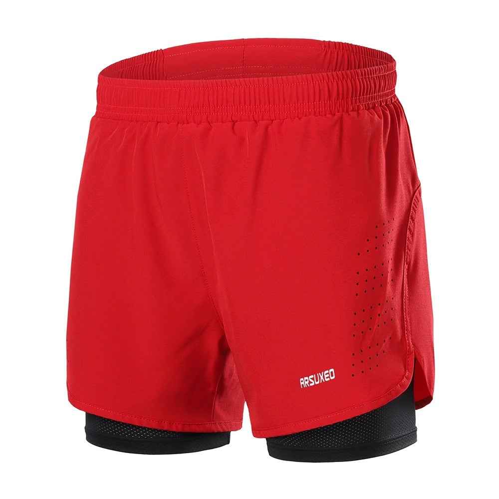 Men's red 2-in-1 running shorts with black inner lining, elastic waistband.