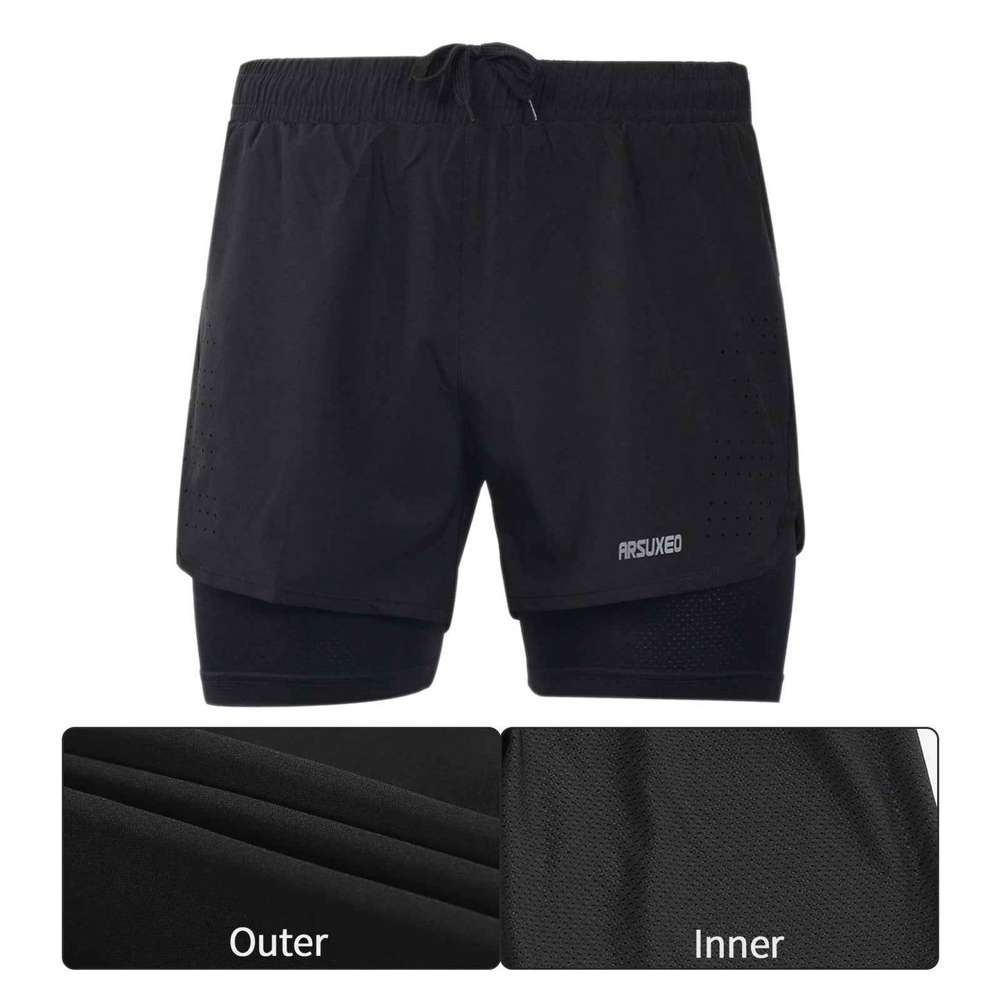 Men's black 2-in-1 running shorts showing black inner mesh layer, elastic waistband.
