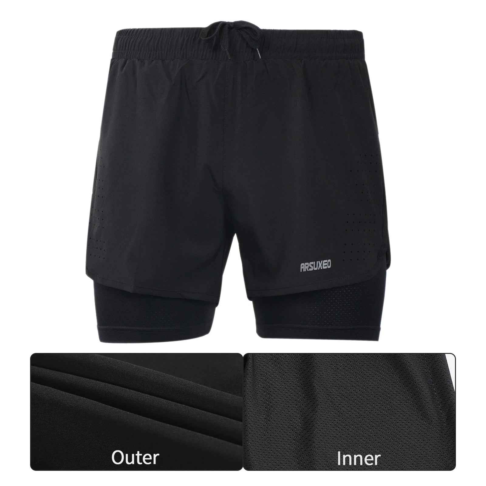 Men's black 2-in-1 running shorts showing black inner mesh layer, elastic waistband.