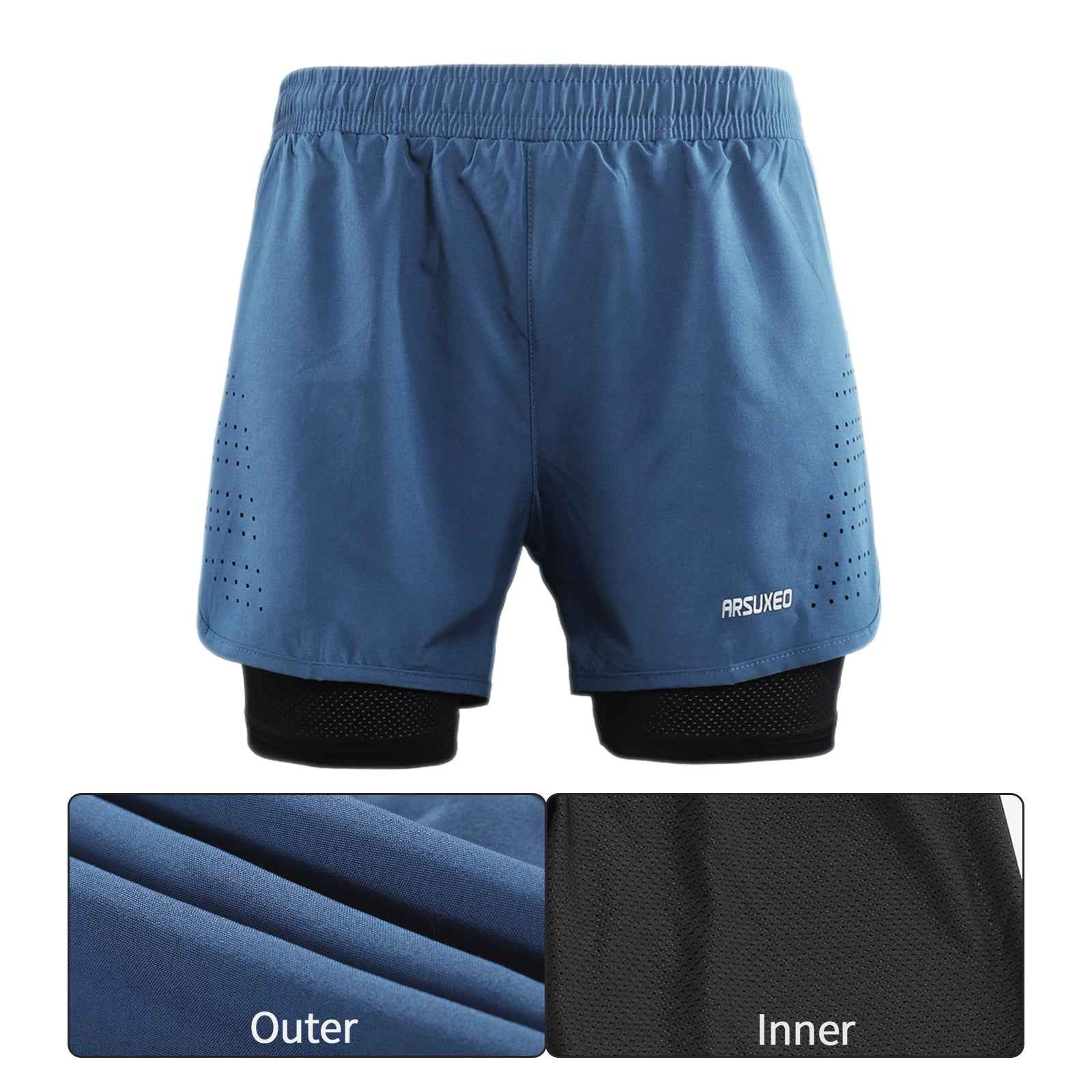 Men's blue 2-in-1 running shorts with black inner layer and perforated side panels.