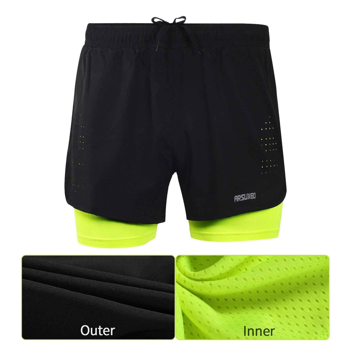 Men's black 2-in-1 running shorts with neon green inner, drawstring waistband.